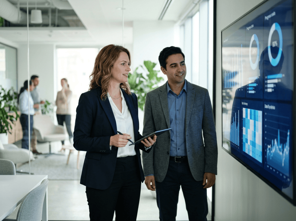 Enterprise L&D leader reviewing an Absorb training rollout dashboard